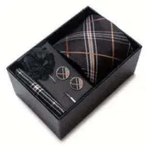 Men’s Silk Coordinated Tie Set w/Box - Black with brown white stripes (FB240)