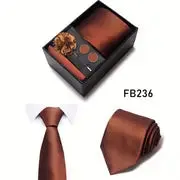 Men’s Silk Coordinated Tie Set w/Box - Brown with small gold dots (F236)