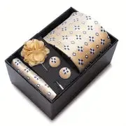 Men’s Silk Coordinated Tie Set w/Box - Gold with Blue Floral Print (FB241)