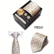 Men’s Silk Coordinated Tie Set w/Box - Gold with Blue Floral Print (FB241)