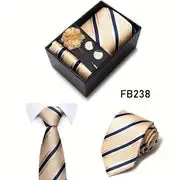 Men’s Silk Coordinated Tie Set w/Box - Gold with Blue Stripes (FB238)