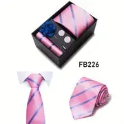 Men’s Silk Coordinated Tie Set w/Box - Pink w/Blue Stripes (FB226)