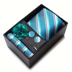 Men’s Silk Coordinated Tie Set w/Box - Turquoise with Stripes