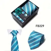 Men’s Silk Coordinated Tie Set w/Box - Turquoise with Stripes