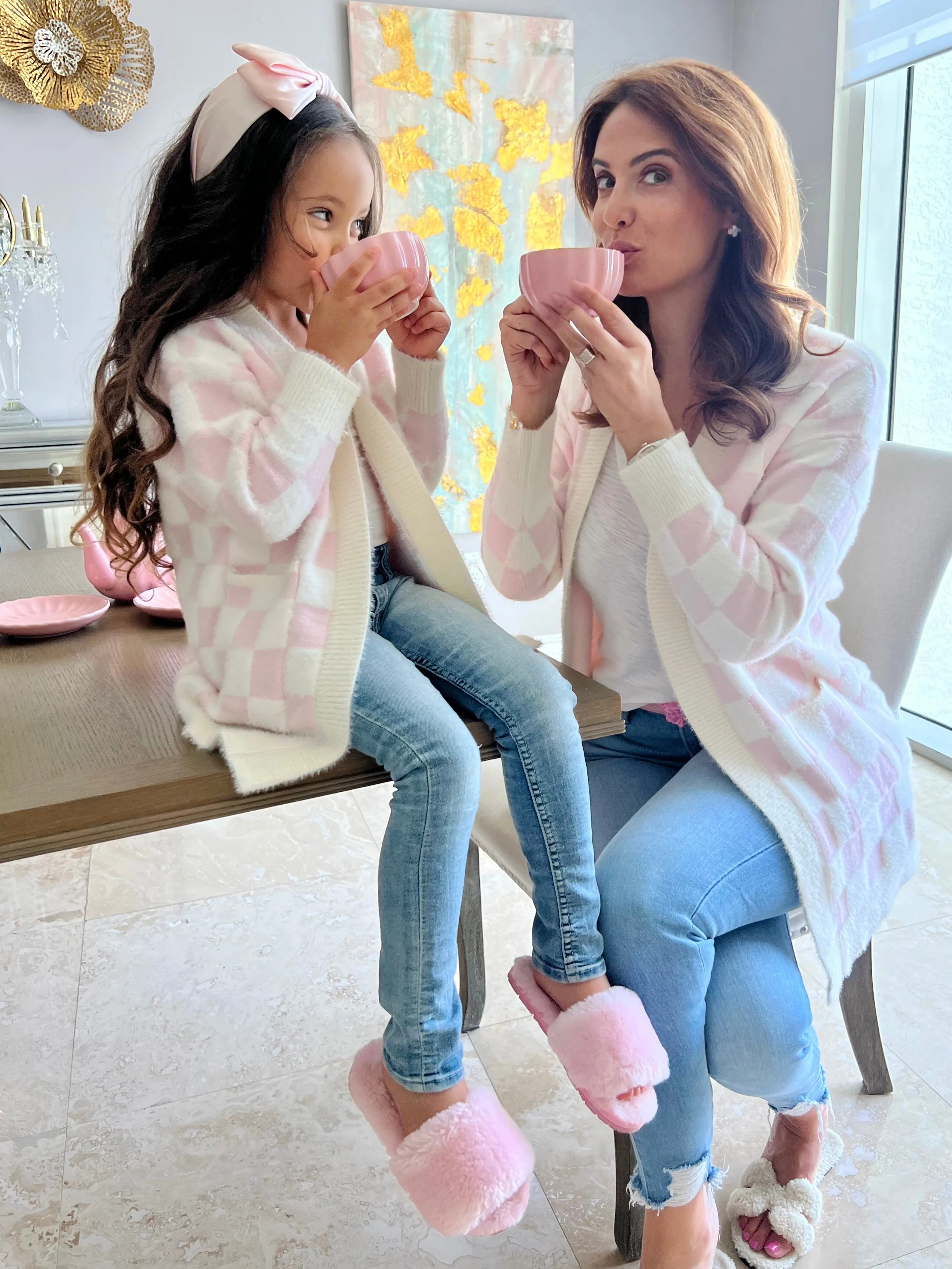 Mommy and Me Checkered Charm Pink Cardigan