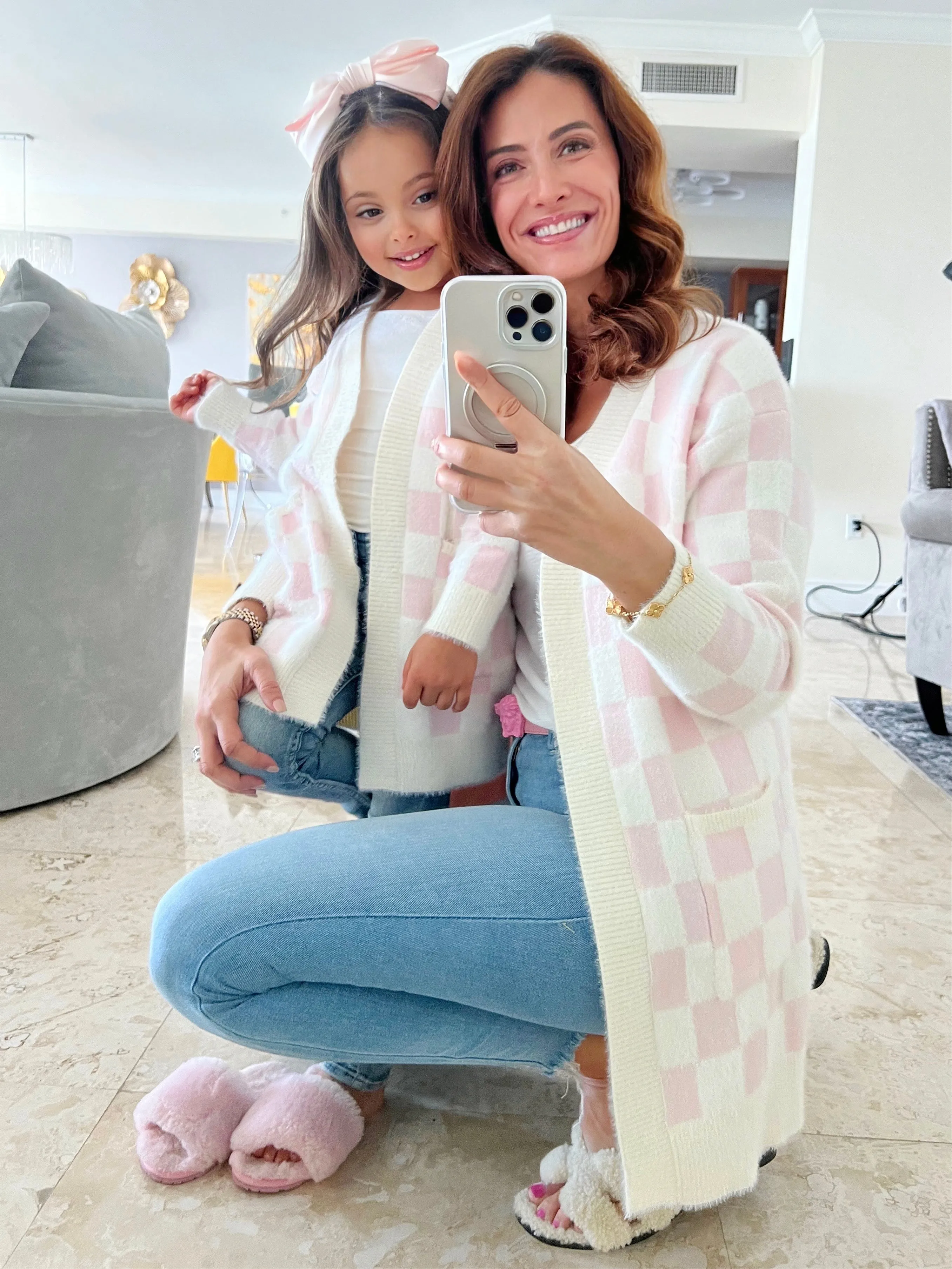 Mommy and Me Checkered Charm Pink Cardigan