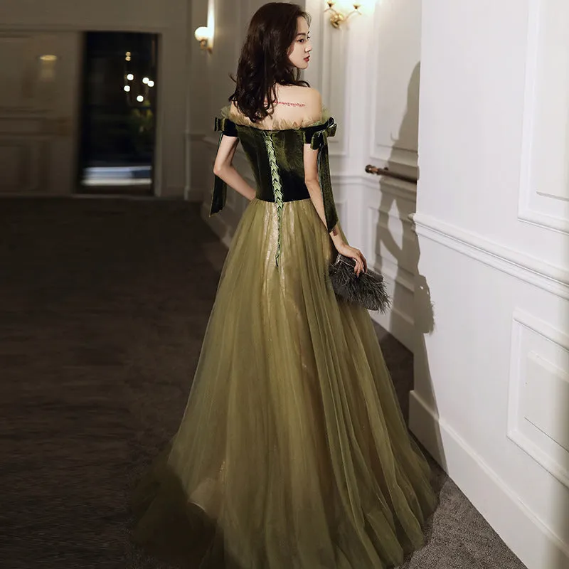 Off Shoulder Green Prom Dress A Line Green Evening Party Dress 655