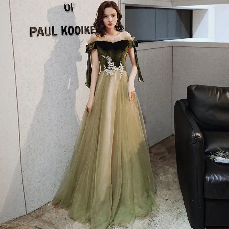 Off Shoulder Green Prom Dress A Line Green Evening Party Dress 655