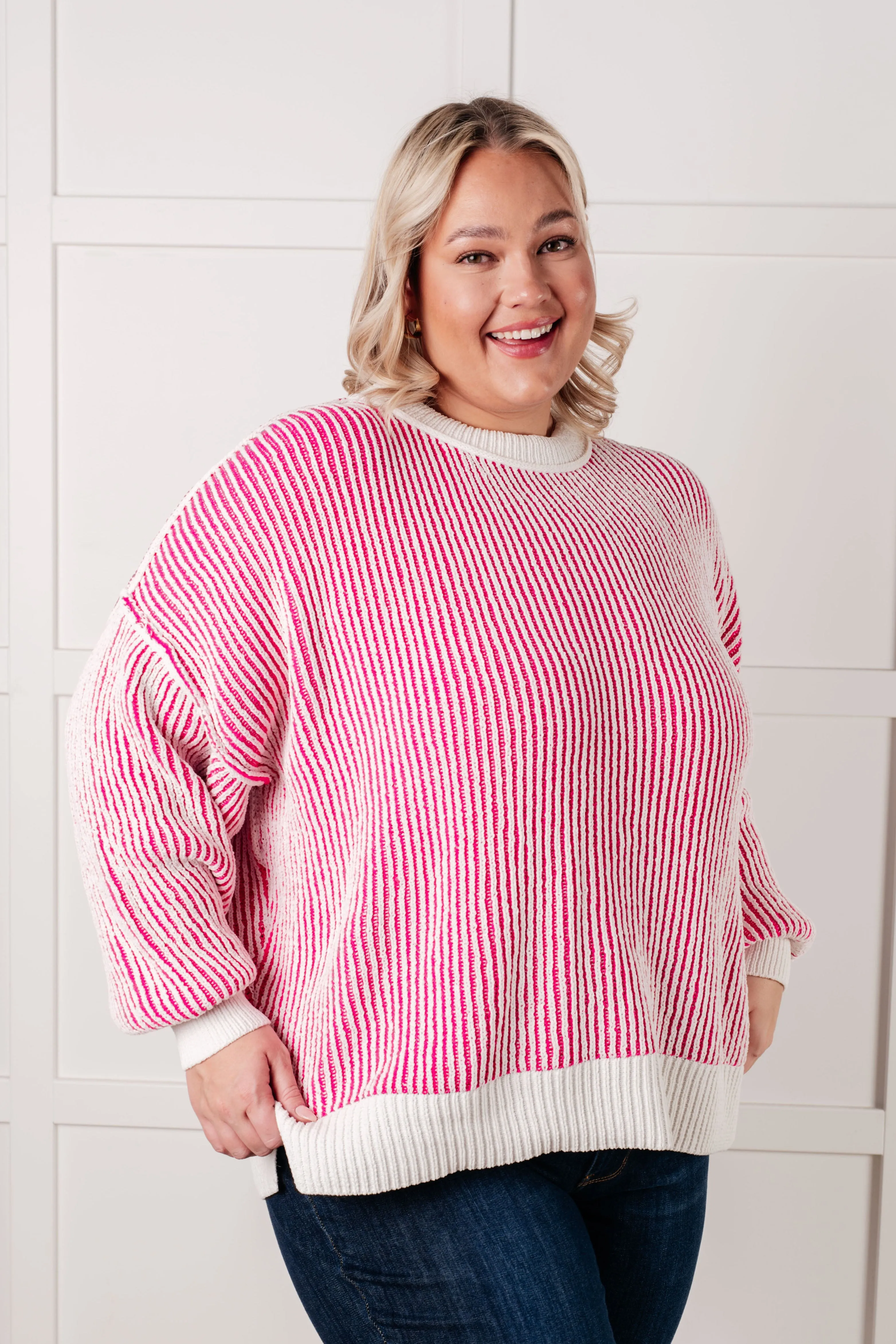 One Eleven North-Least High Maintenance Contrast Trim Sweater in Pink