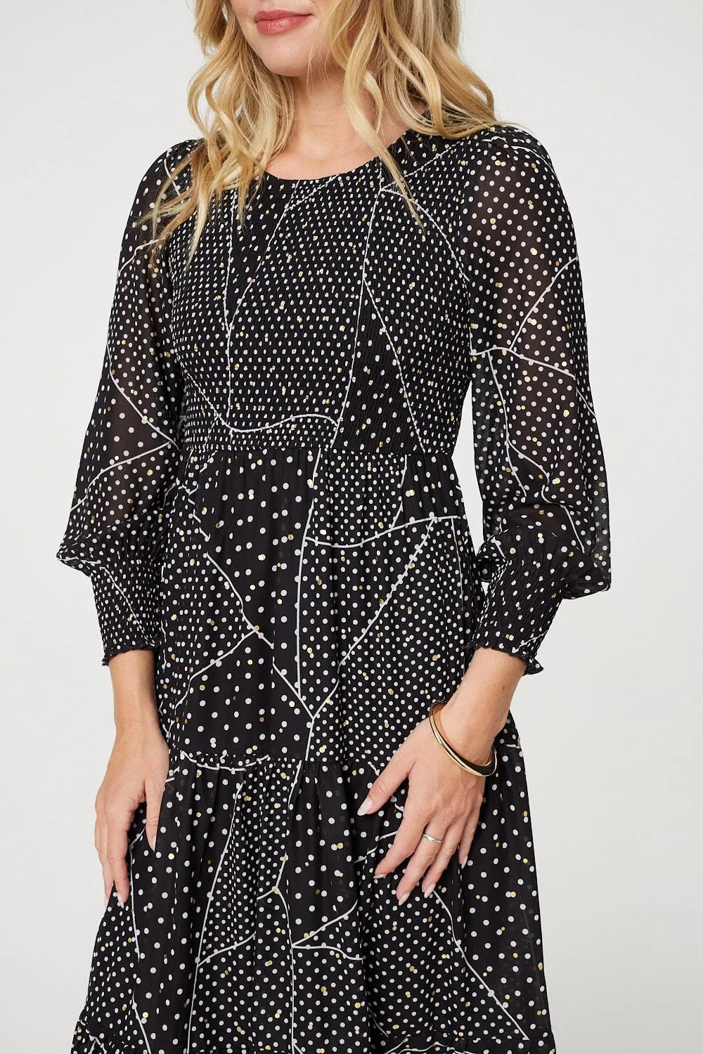 Polka Dot Print Puff Sleeve Midi Dress