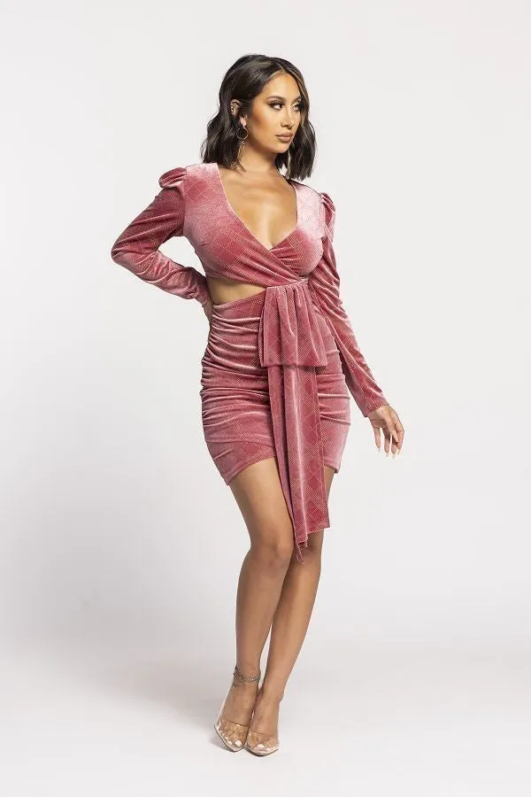 Porsha Pink Front Tie Long Sleeve Velvet Mini Dress