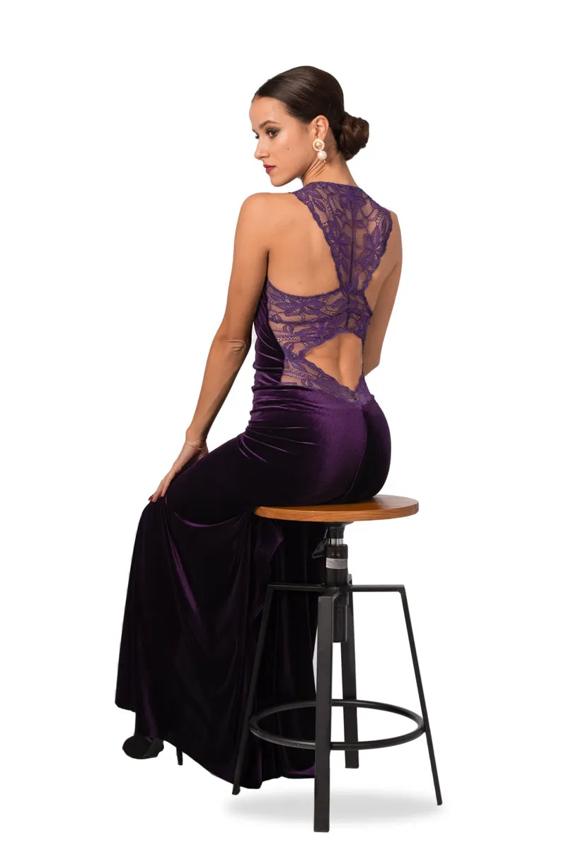 Purple Velvet Maxi Dress with Lace Back