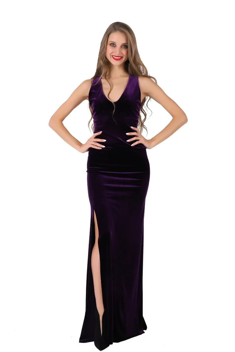 Purple Velvet Maxi Dress with Lace Back