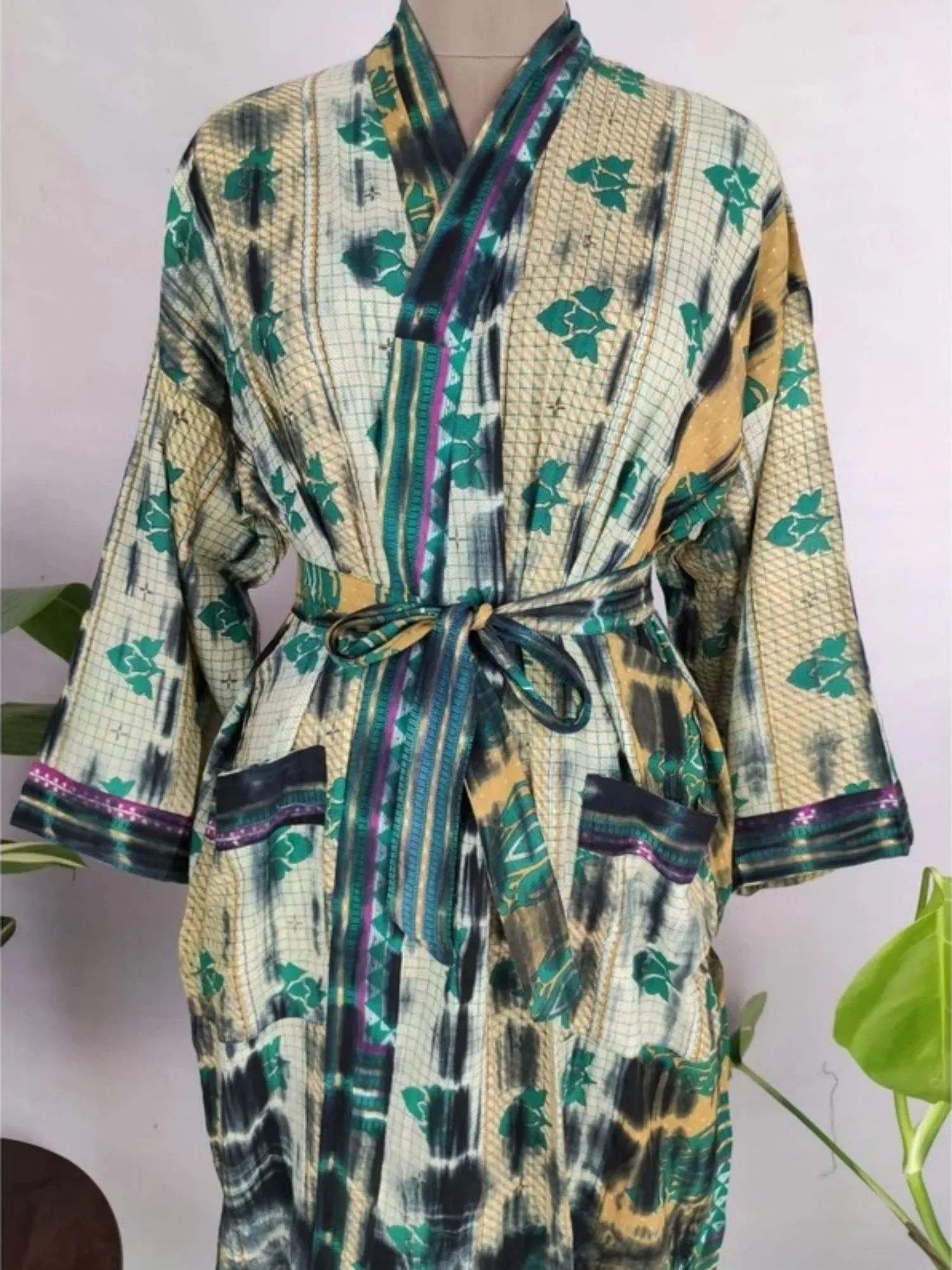 Recycled Pure Cotton Vintage Kimono Open Jacket Boho Summer TieDye House Robe, Beach Coverup | Beige Green Floral Motif Style Print