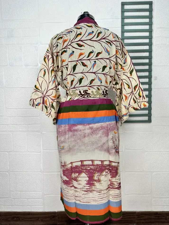 Recycled Pure Cotton Vintage Kimono Open Jacket Boho Summer TieDye House Robe, Beach Coverup | Beige Purple Bird Style Print