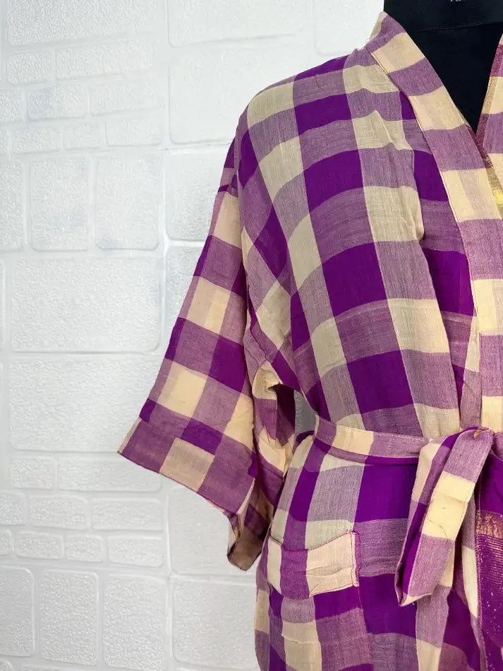 Recycled Pure Cotton Vintage Kimono Open Jacket Boho Summer TieDye House Robe, Beach Coverup | Beige Purple Check Style Print