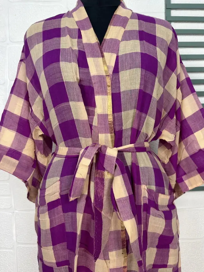 Recycled Pure Cotton Vintage Kimono Open Jacket Boho Summer TieDye House Robe, Beach Coverup | Beige Purple Check Style Print