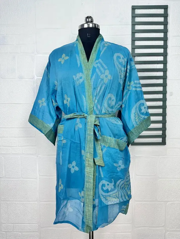 Recycled Pure Cotton Vintage Kimono Open Jacket Boho Summer TieDye House Robe, Beach Coverup | Blue Green Floral Style Print