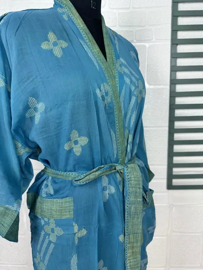 Recycled Pure Cotton Vintage Kimono Open Jacket Boho Summer TieDye House Robe, Beach Coverup | Blue Green Floral Style Print