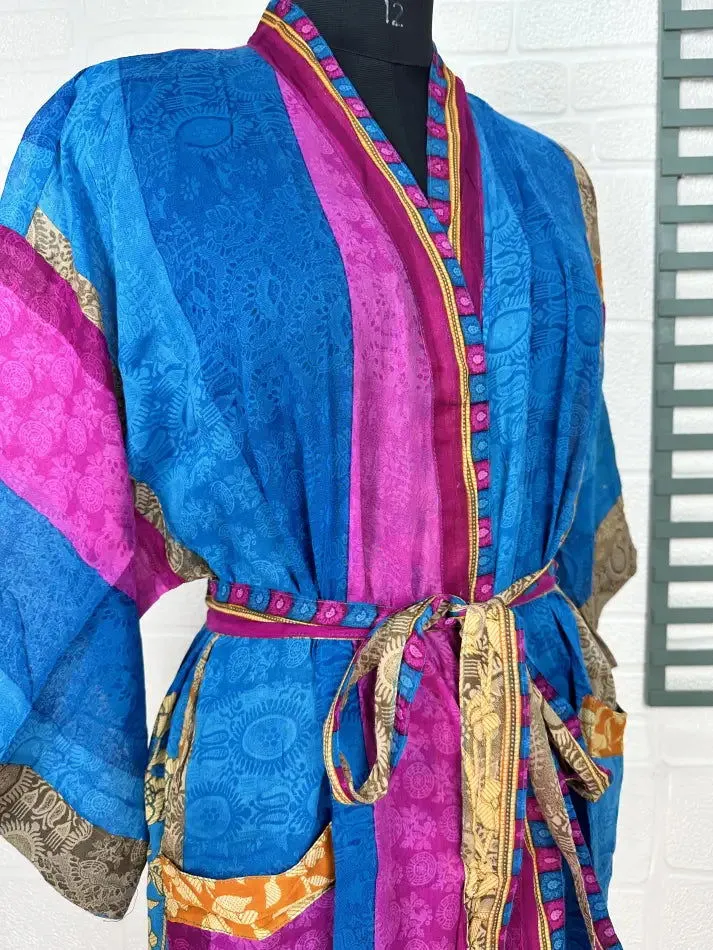 Recycled Pure Cotton Vintage Kimono Open Jacket Boho Summer TieDye House Robe, Beach Coverup | Blue Pink Floral Style Print