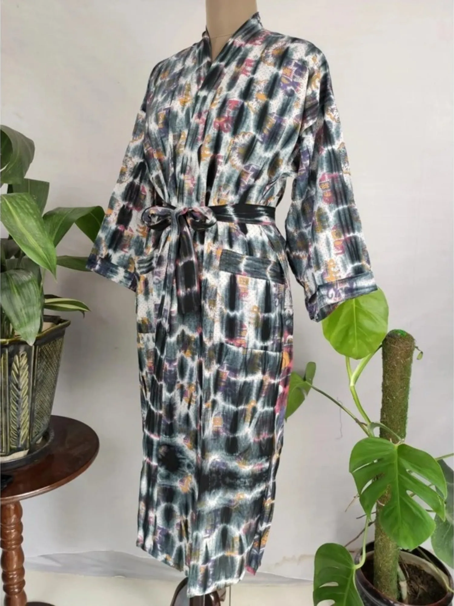 Recycled Pure Cotton Vintage Kimono Open Jacket Boho Summer TieDye House Robe, Beach Coverup | Grey Purple Elephant Style Print