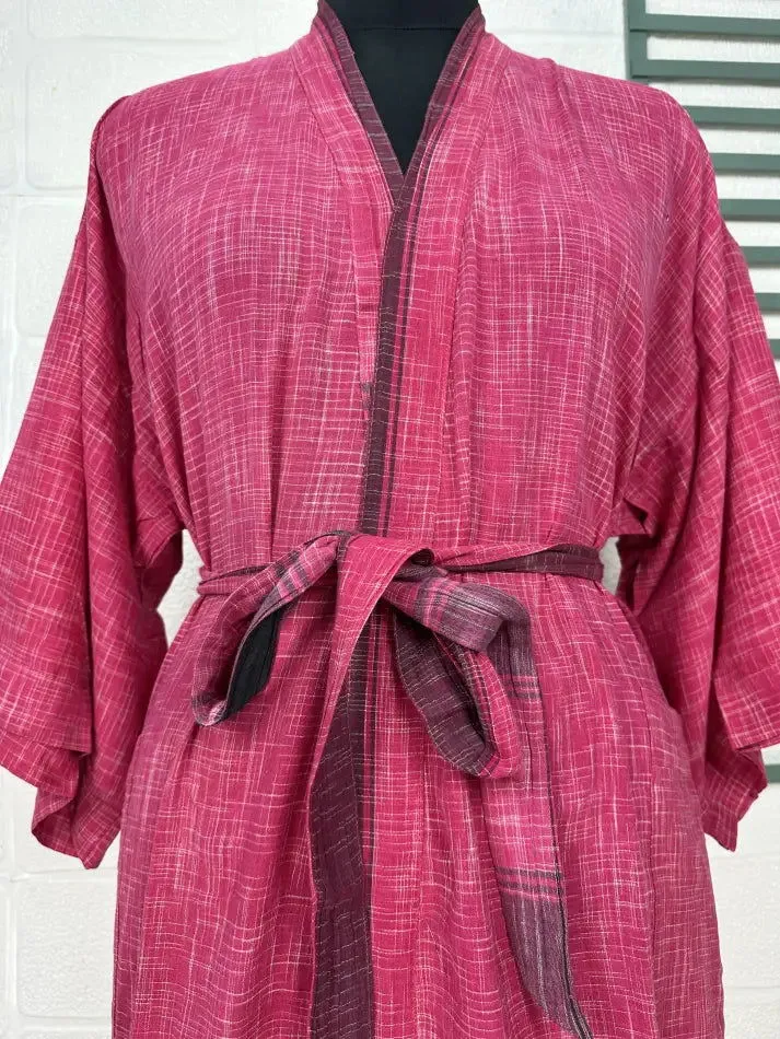 Recycled Pure Cotton Vintage Kimono Open Jacket Boho Summer TieDye House Robe, Beach Coverup | Pink Purple Check Style Print