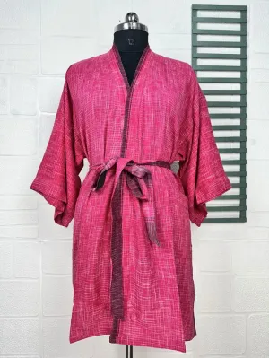 Recycled Pure Cotton Vintage Kimono Open Jacket Boho Summer TieDye House Robe, Beach Coverup | Pink Purple Check Style Print