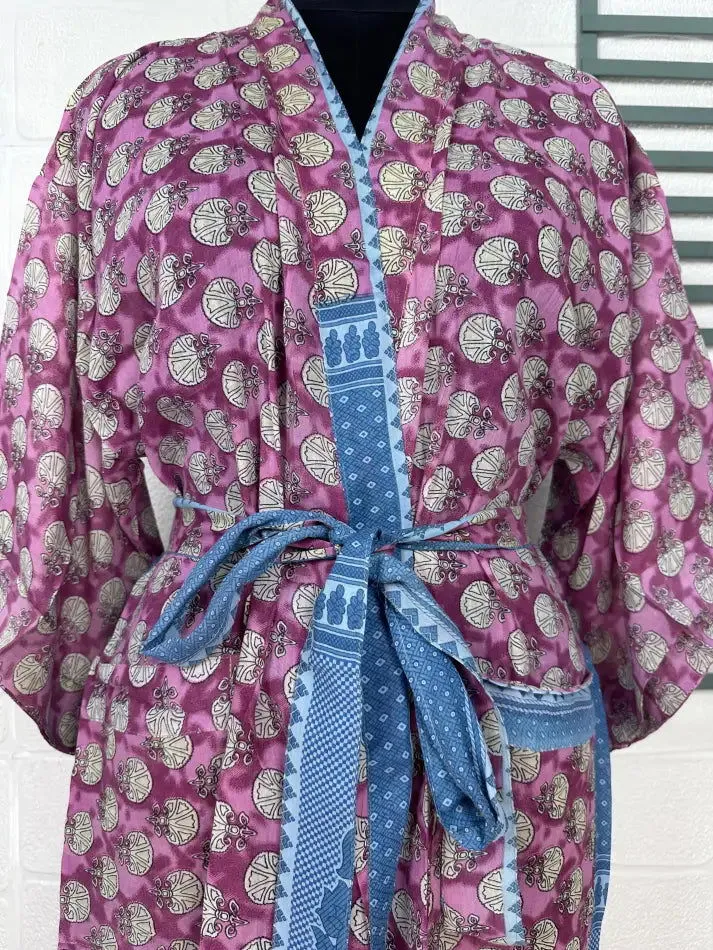 Recycled Pure Cotton Vintage Kimono Open Jacket Boho Summer TieDye House Robe, Beach Coverup | Purple Blue Floral Style Print