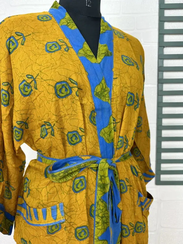 Recycled Pure Cotton Vintage Kimono Open Jacket Boho Summer TieDye House Robe, Beach Coverup | Yellow Blue Floral Style Print