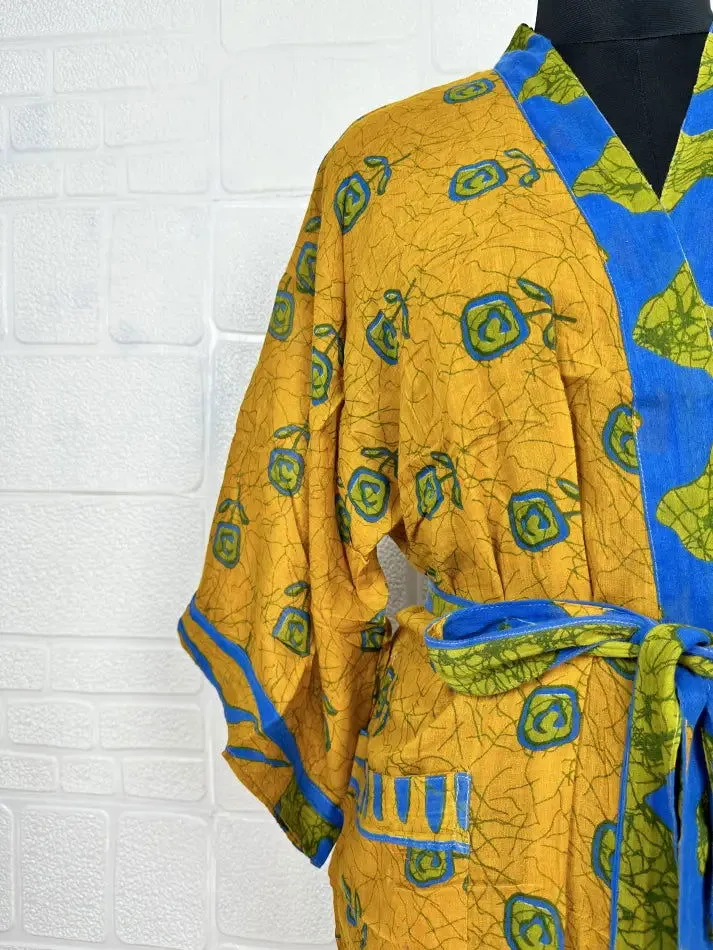 Recycled Pure Cotton Vintage Kimono Open Jacket Boho Summer TieDye House Robe, Beach Coverup | Yellow Blue Floral Style Print