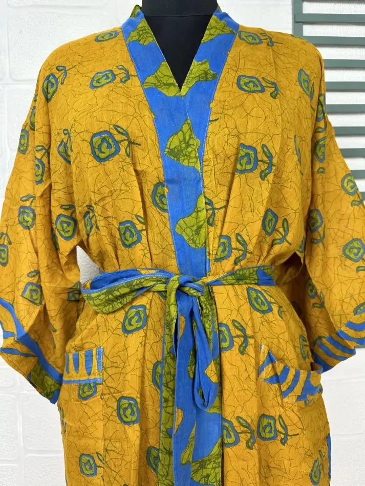 Recycled Pure Cotton Vintage Kimono Open Jacket Boho Summer TieDye House Robe, Beach Coverup | Yellow Blue Floral Style Print