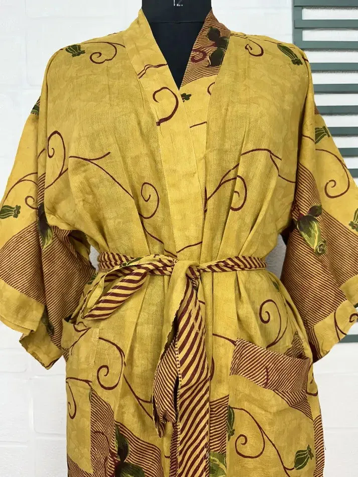 Recycled Pure Cotton Vintage Kimono Open Jacket Boho Summer TieDye House Robe, Beach Coverup | Yellow Brown Floral Style Print