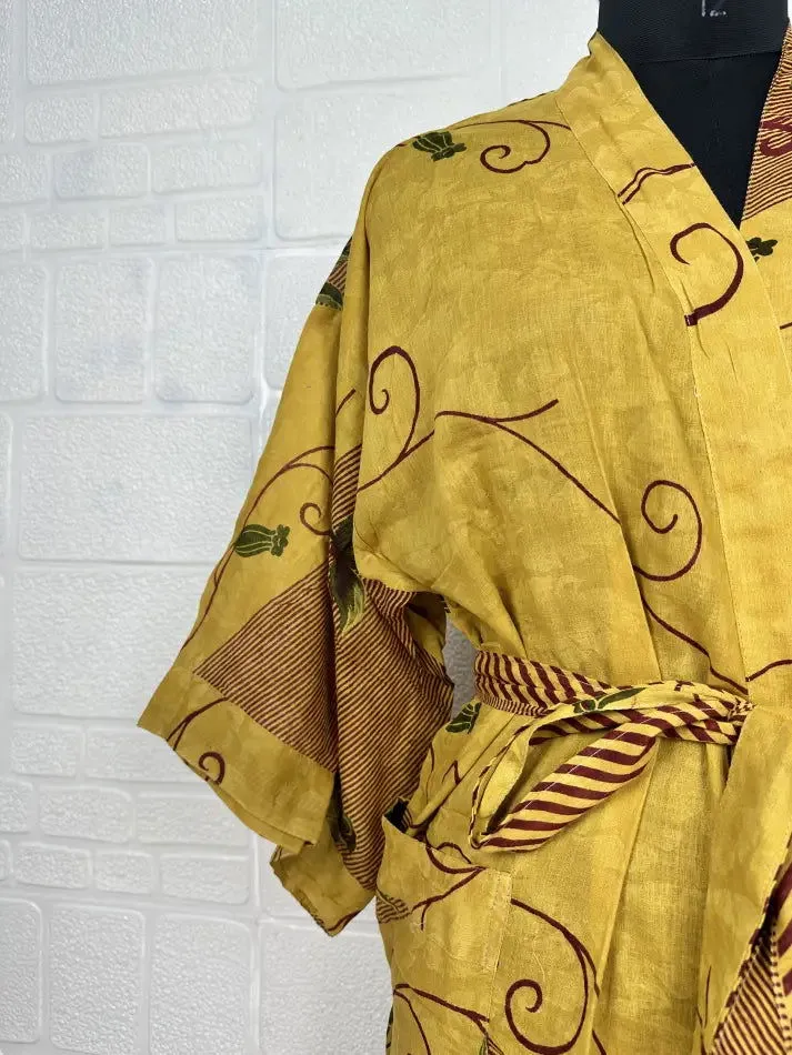 Recycled Pure Cotton Vintage Kimono Open Jacket Boho Summer TieDye House Robe, Beach Coverup | Yellow Brown Floral Style Print