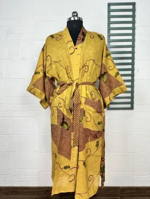 Recycled Pure Cotton Vintage Kimono Open Jacket Boho Summer TieDye House Robe, Beach Coverup | Yellow Brown Floral Style Print