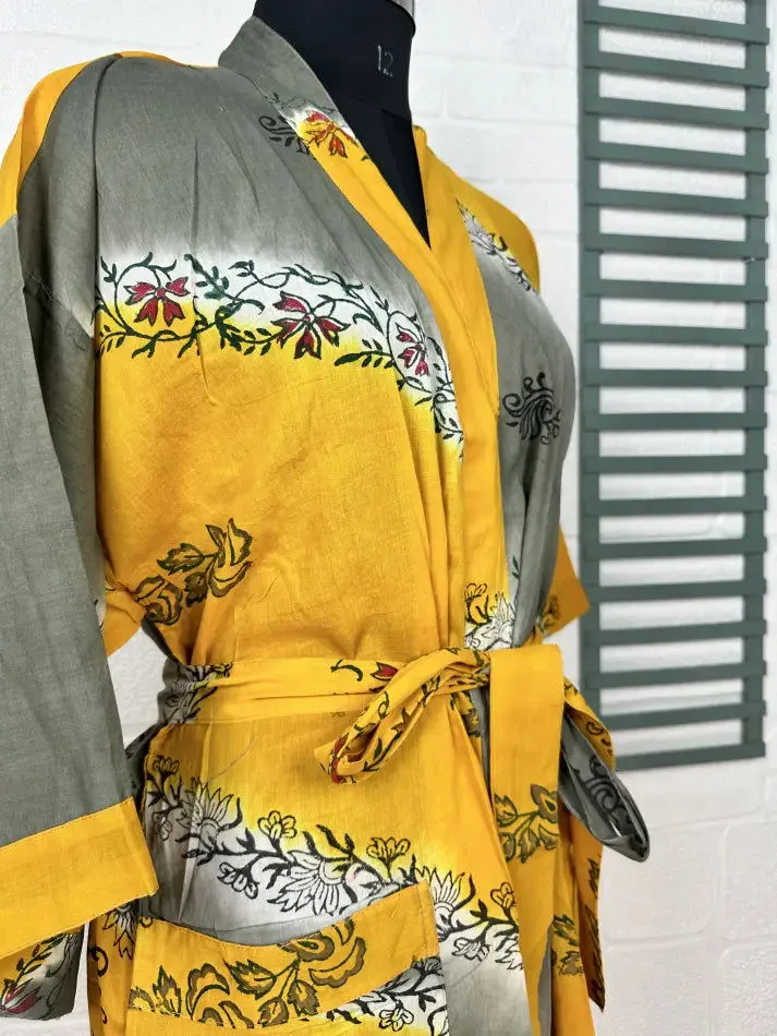 Recycled Pure Cotton Vintage Kimono Open Jacket Boho Summer TieDye House Robe, Beach Coverup | Yellow Grey Floral Style Print