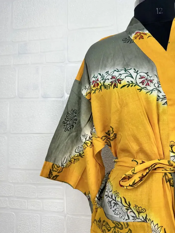 Recycled Pure Cotton Vintage Kimono Open Jacket Boho Summer TieDye House Robe, Beach Coverup | Yellow Grey Floral Style Print