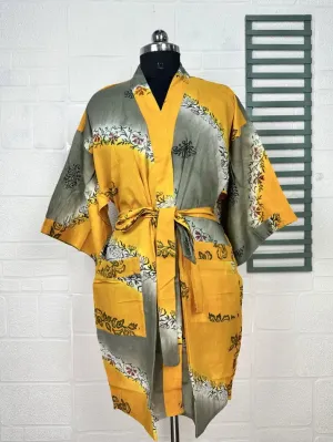 Recycled Pure Cotton Vintage Kimono Open Jacket Boho Summer TieDye House Robe, Beach Coverup | Yellow Grey Floral Style Print