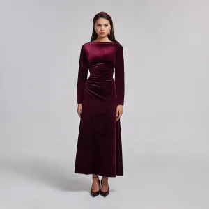 Ruched Velvet Long Sleeve Midi Dress