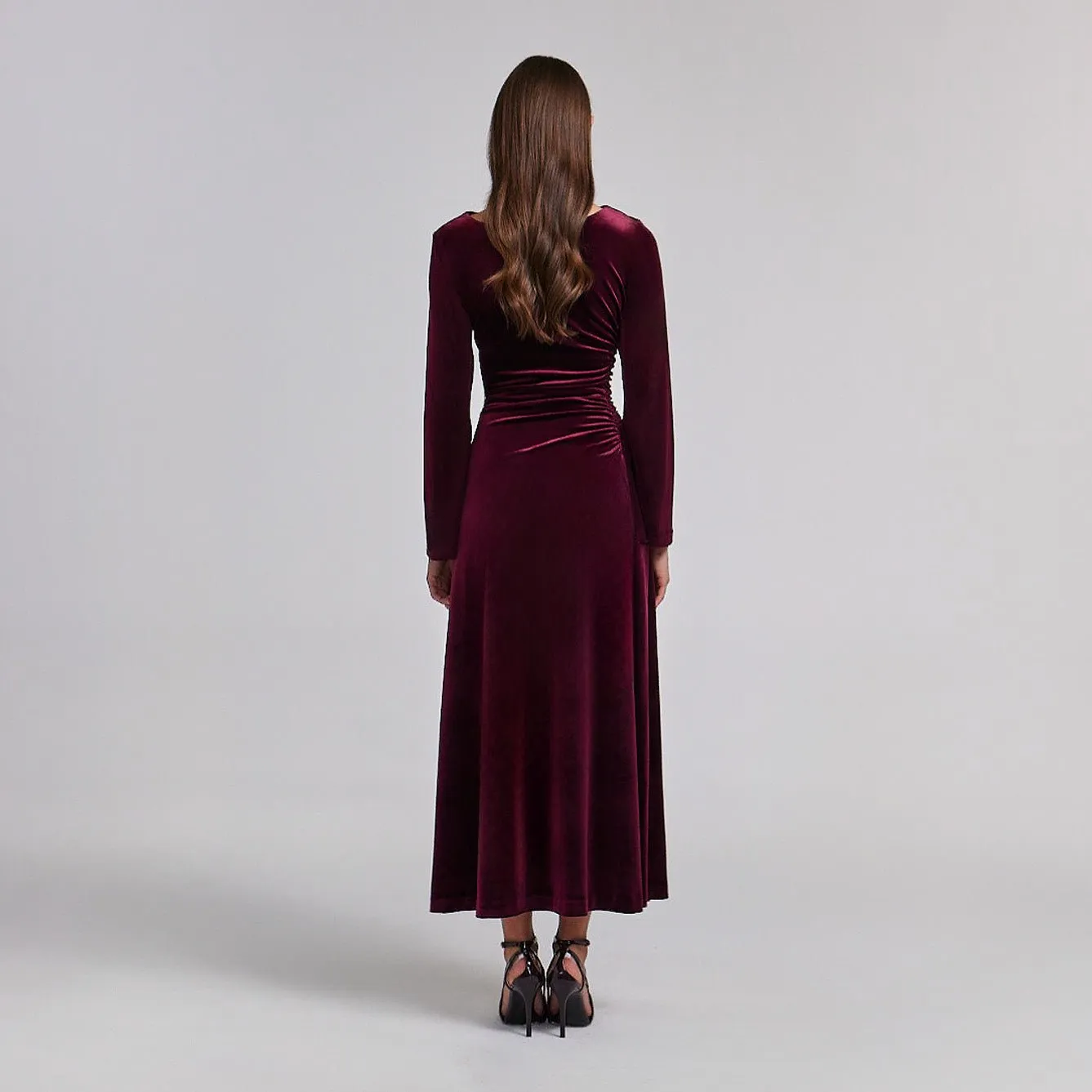 Ruched Velvet Long Sleeve Midi Dress