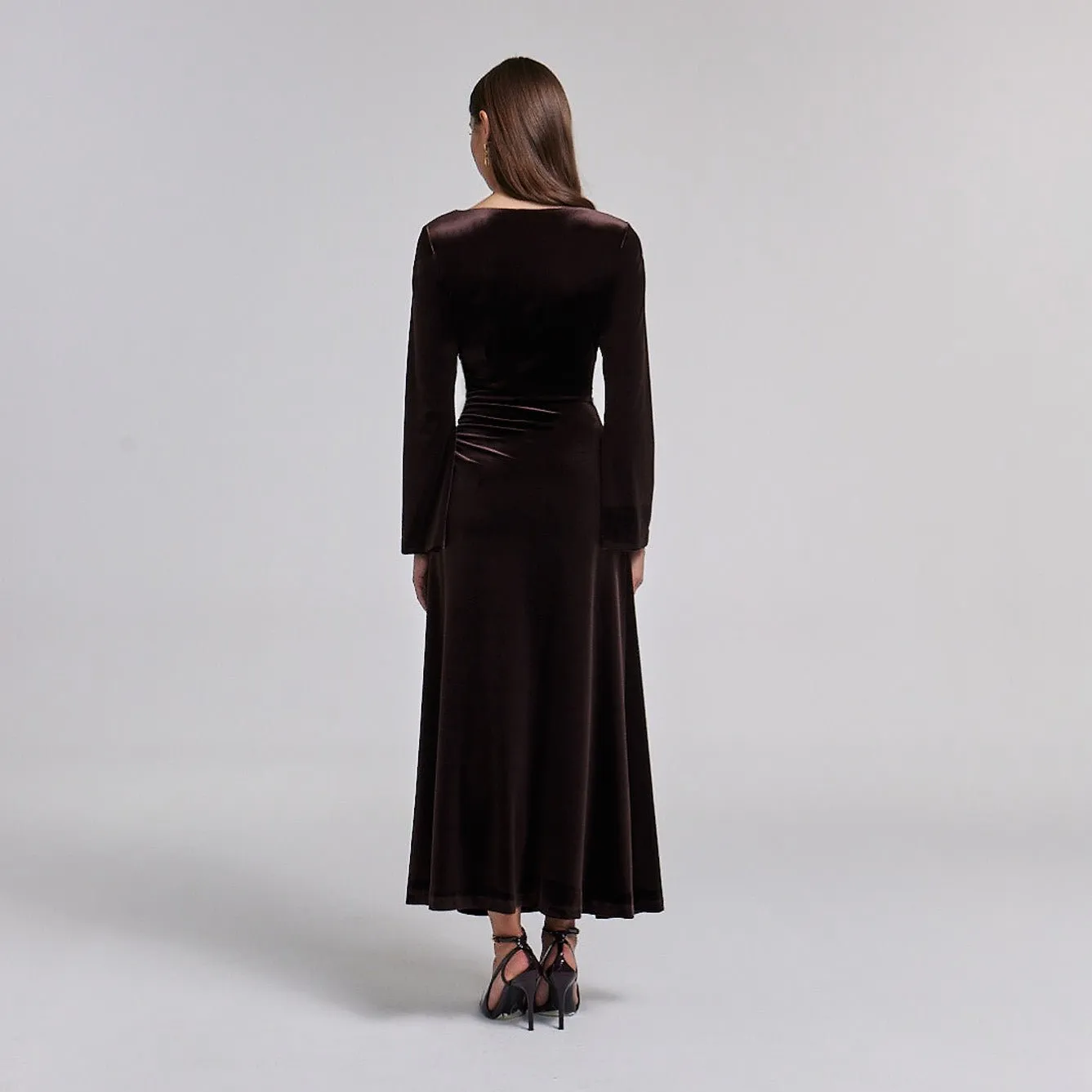 Ruched Velvet Long Sleeve Midi Dress