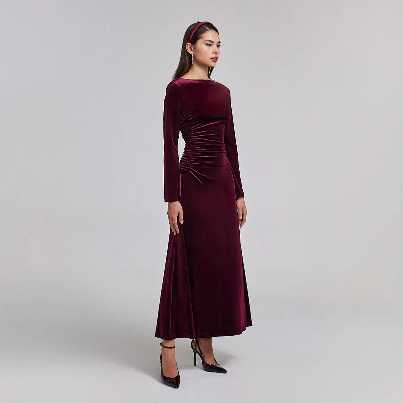 Ruched Velvet Long Sleeve Midi Dress