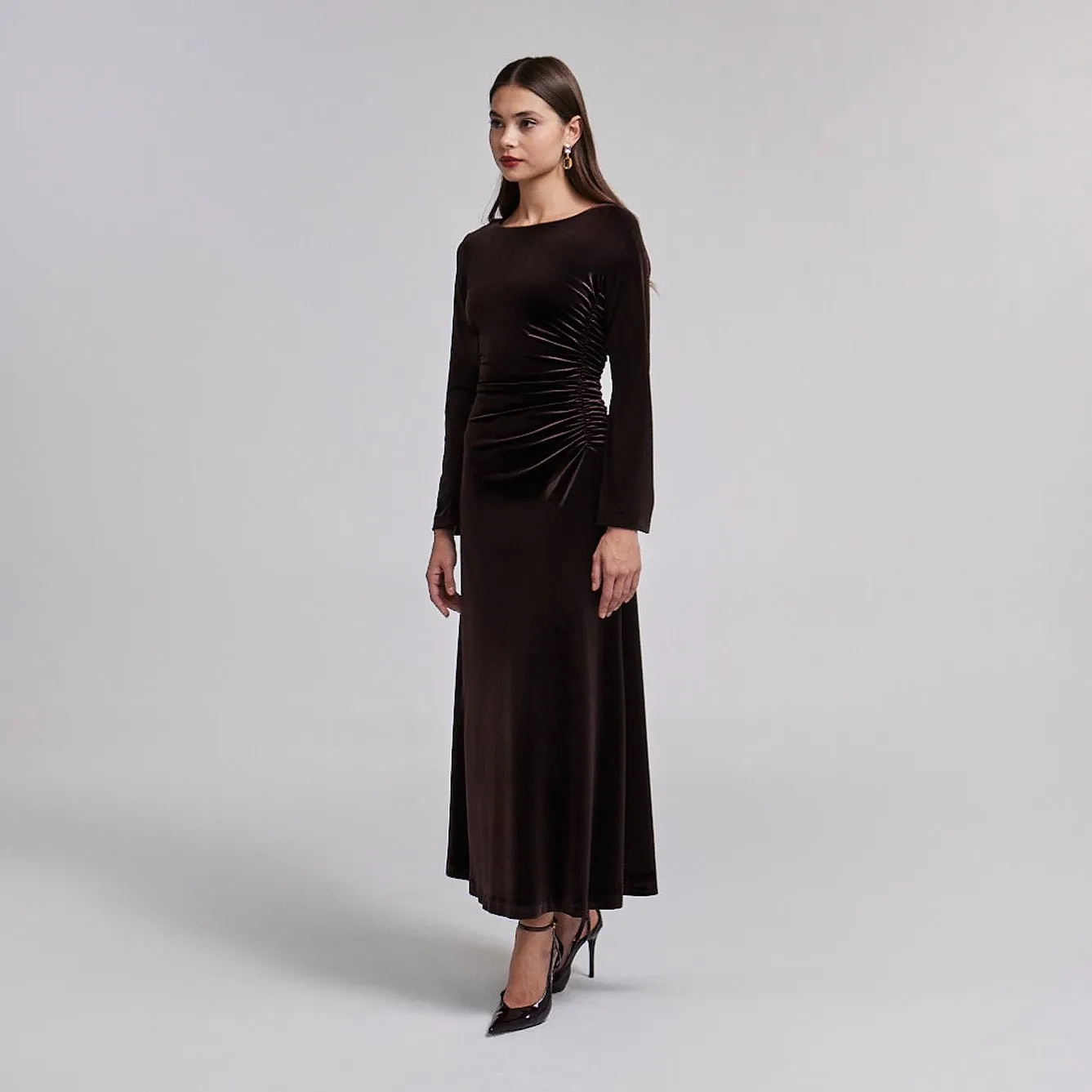 Ruched Velvet Long Sleeve Midi Dress