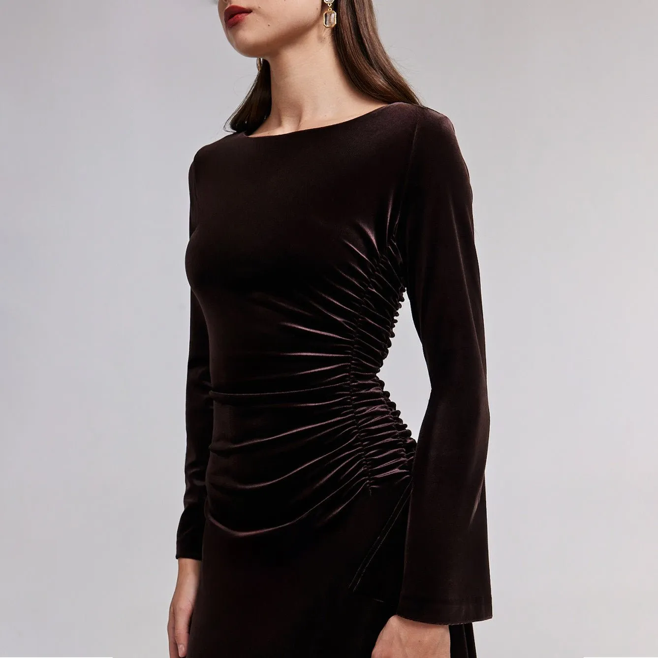 Ruched Velvet Long Sleeve Midi Dress