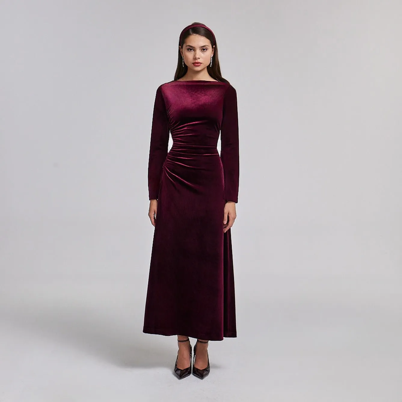 Ruched Velvet Long Sleeve Midi Dress