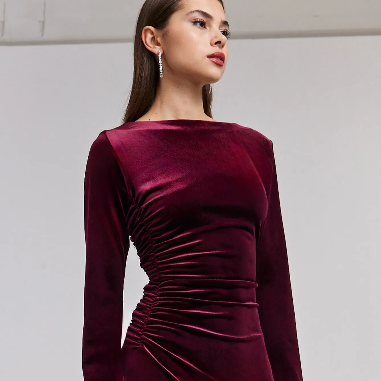 Ruched Velvet Long Sleeve Midi Dress