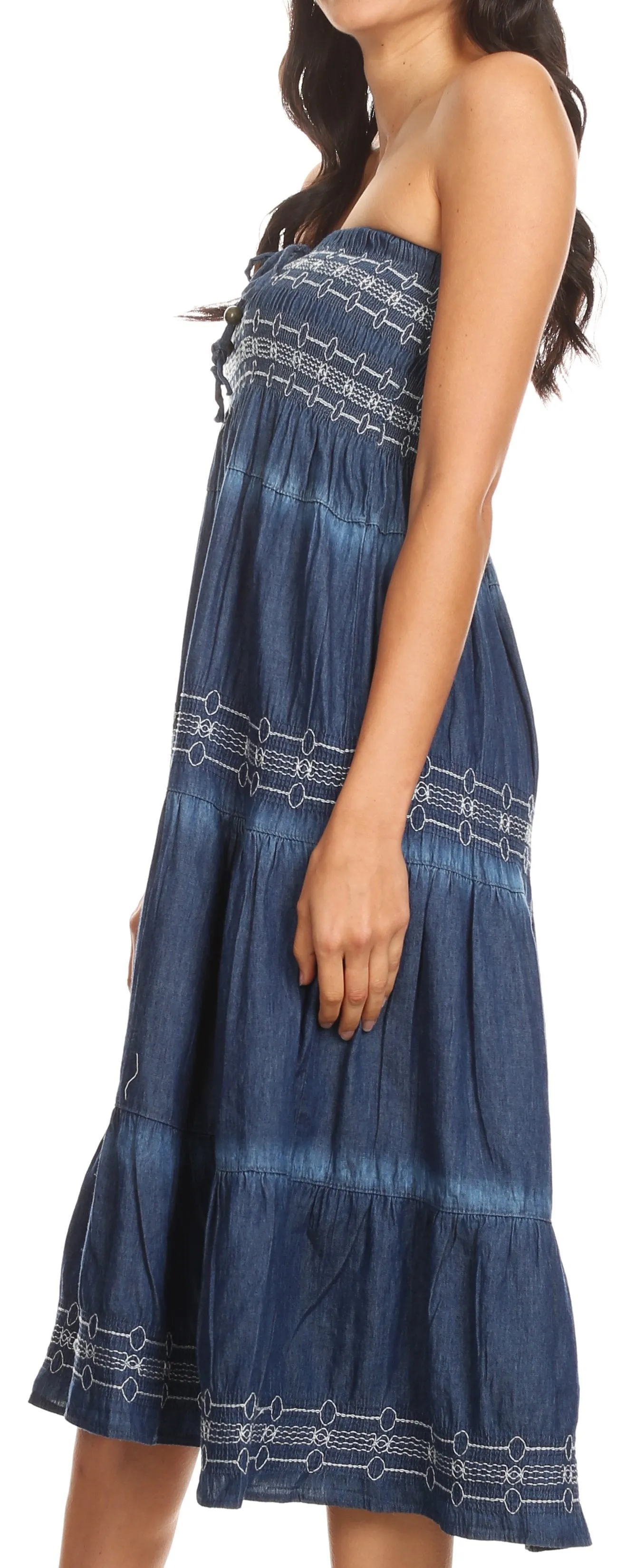 Sakkas Eliza Womens Denim Tube Top Dress Boho Strapless Sleeveless Chambray Maxi