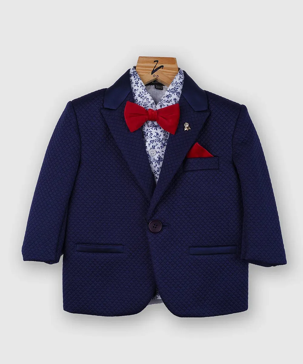 Self-Textured Navy Coat Suit with Printed Shirt