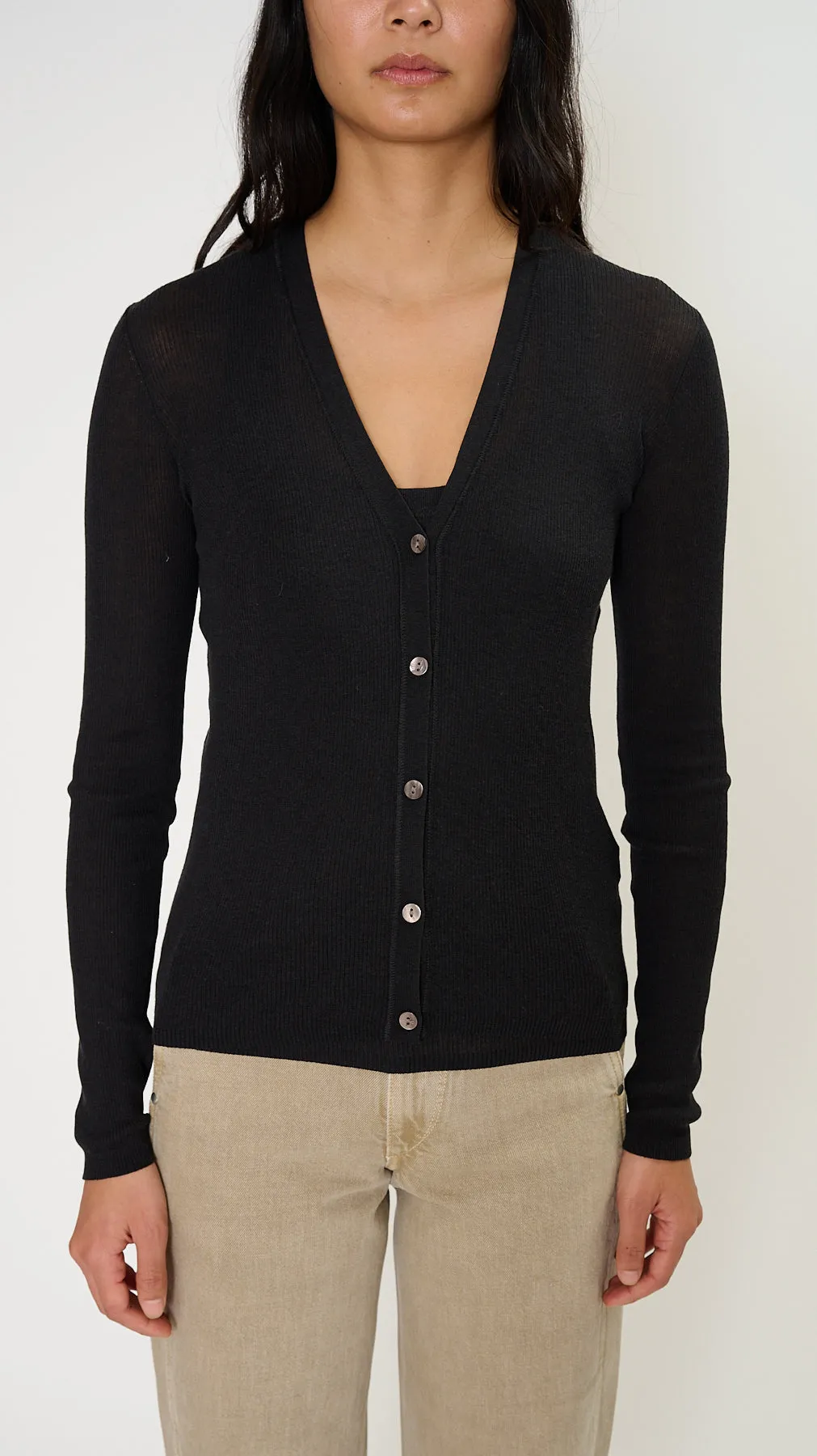 Skinny Rib V Cardigan in Black