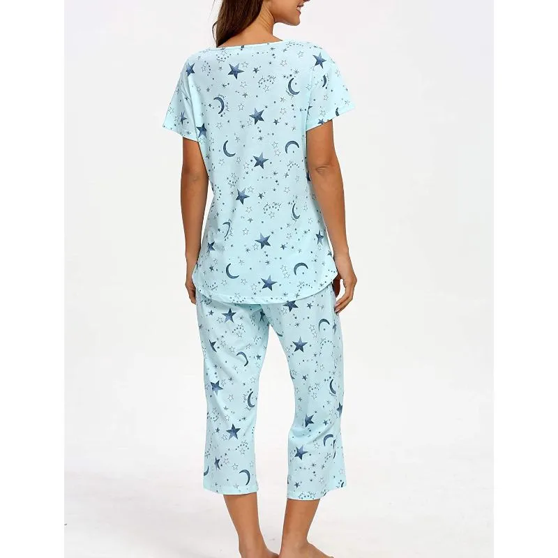 Sleepwear Tops With Capri Pants Set