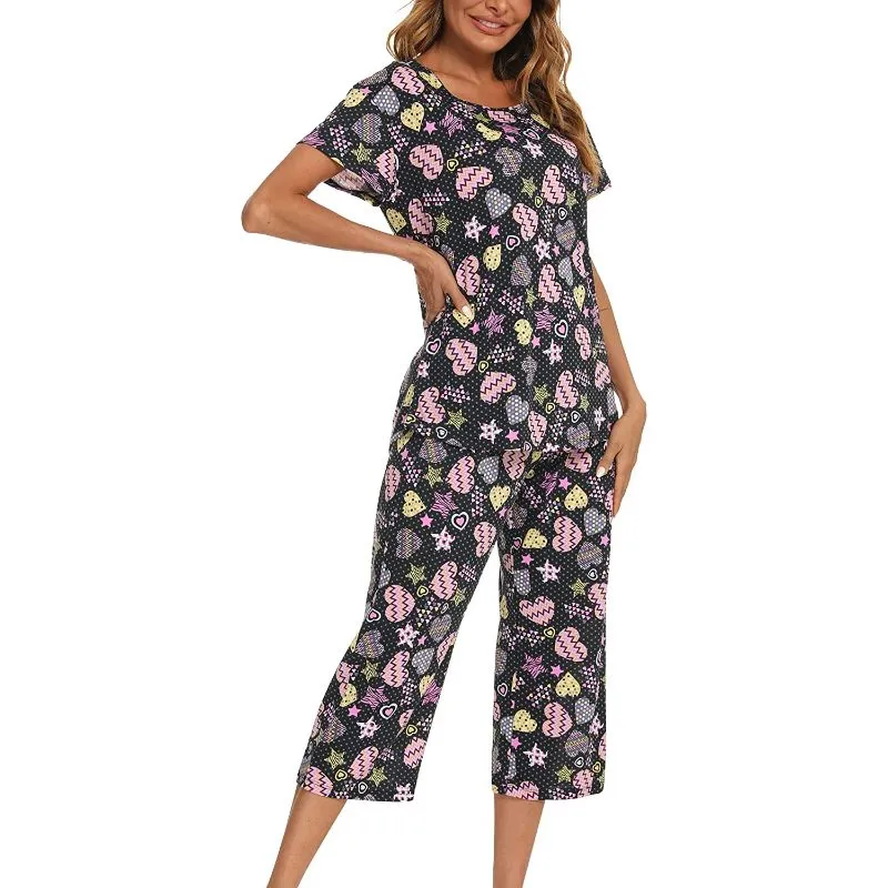 Sleepwear Tops With Capri Pants Set